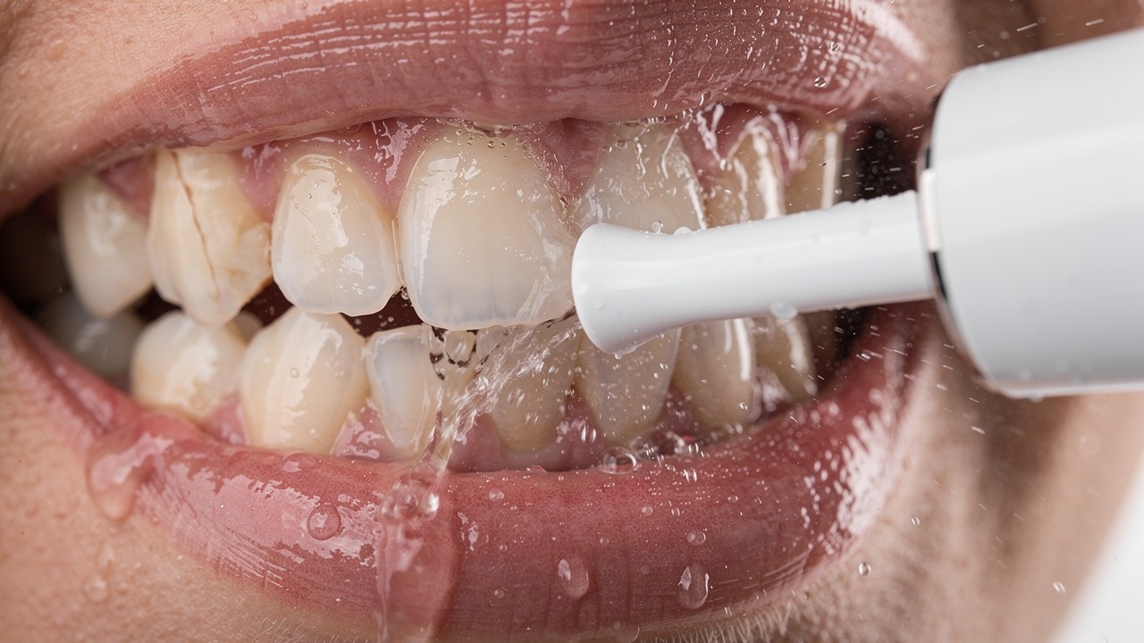 Gros plan d’un jet d’eau pulsé nettoyant les espaces entre les dents et le bord des gencives.
