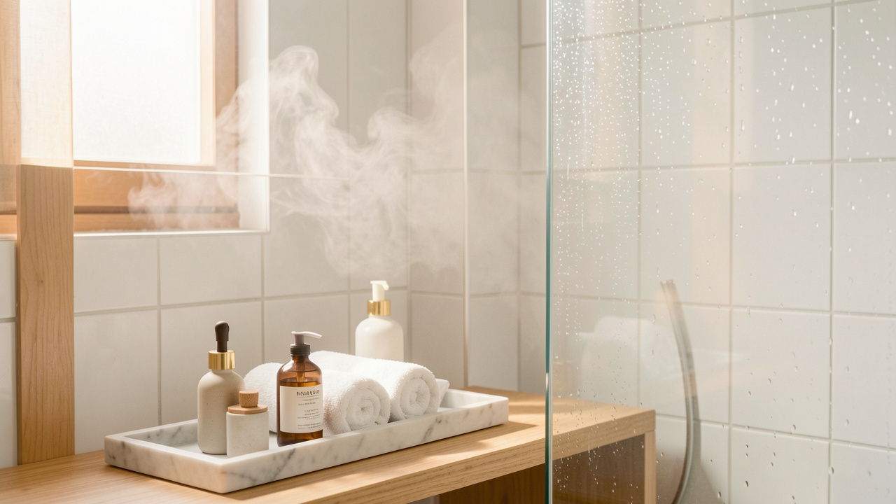 Salle de bain lumineuse minimaliste, ambiance apaisante, accessoires de soin sur un plateau en marbre, serviettes pliées, lumière douce et détails de vapeur.
