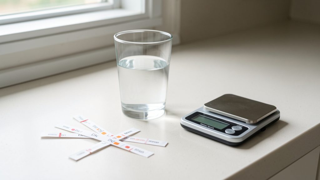 Verre d’eau claire posé sur un plan de cuisine, accompagné de bandelettes indicatrices de pH et d’une petite balance de précision, éclairé par une lumière naturelle douce.