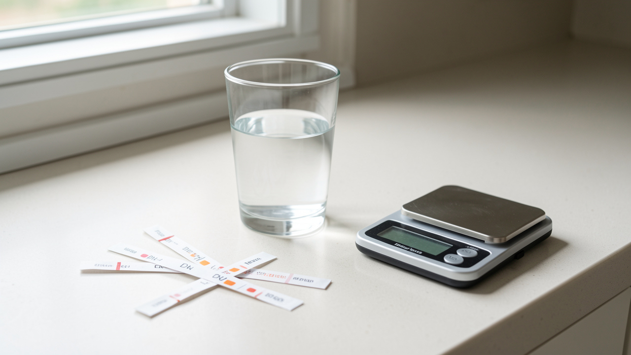 Verre d’eau claire posé sur un plan de cuisine, accompagné de bandelettes indicatrices de pH et d’une petite balance de précision, éclairé par une lumière naturelle douce.