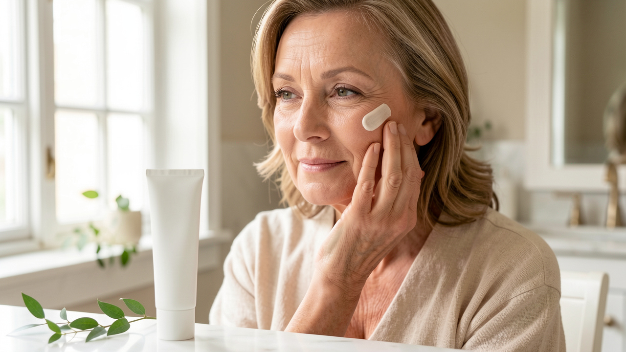 Femme mature appliquant une crème solaire légère sur sa joue dans une salle de bain lumineuse, avec un fini satiné naturel.