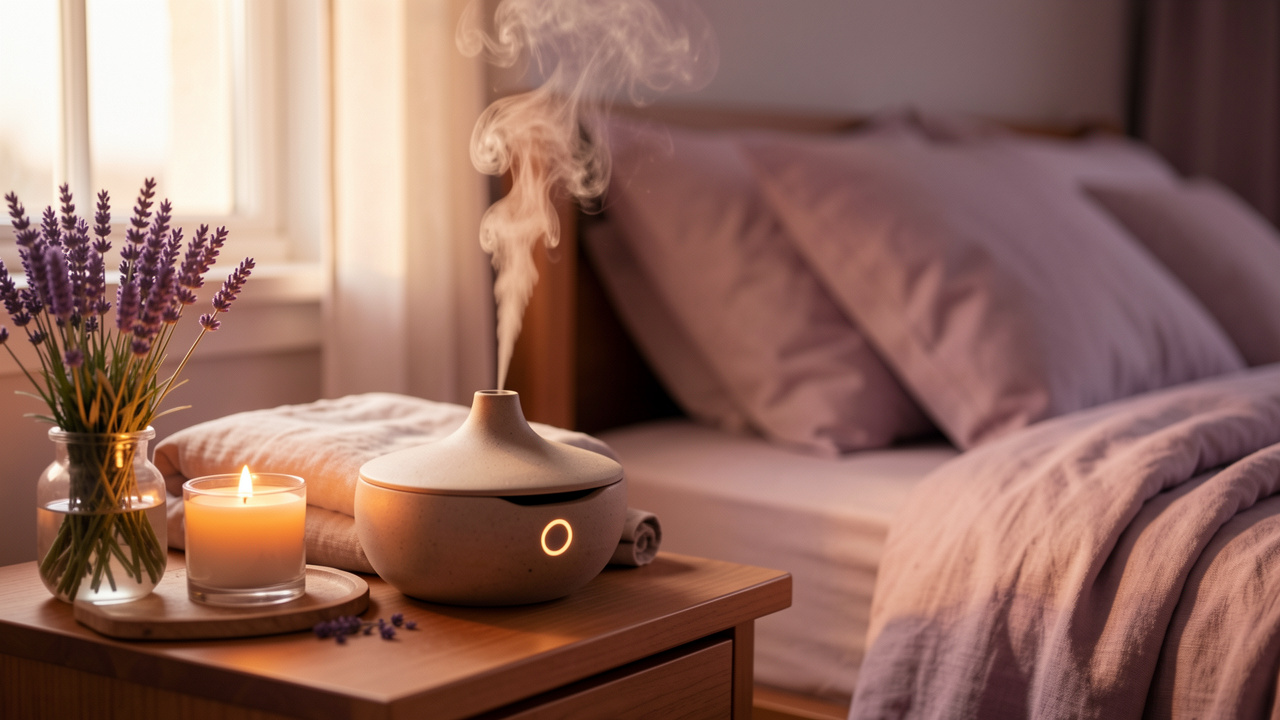 Diffuseur en céramique diffusant une fine brume près de brins de lavande, d’une couverture en lin et d’une bougie dans une chambre paisible.