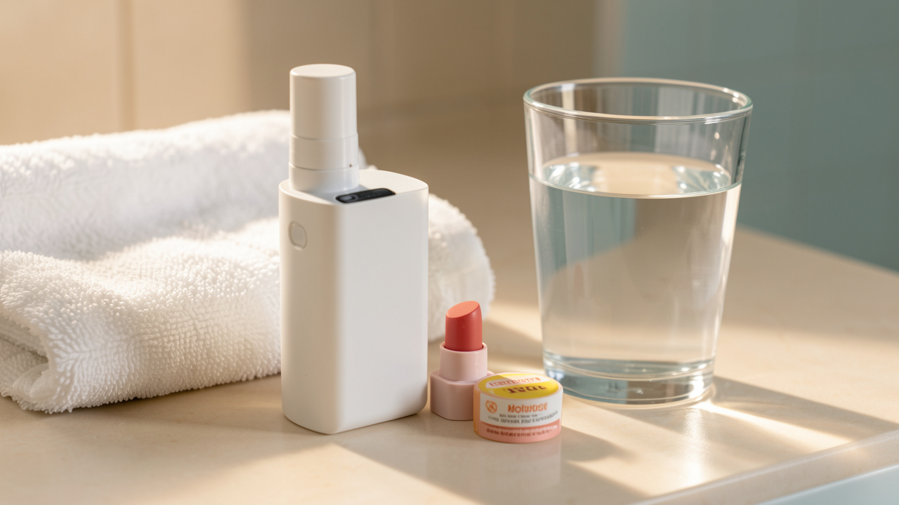 Nature morte montrant un dispositif de vape sans marque, un baume hydratant pour les lèvres, un verre d’eau et une serviette douce dans une salle de bains lumineuse.