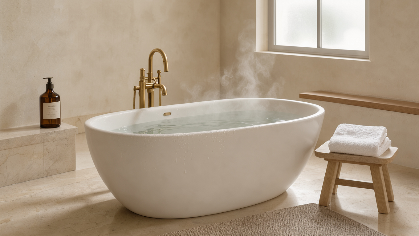 Salle de bains lumineuse et apaisante avec baignoire remplie d’eau chaude, serviette blanche, huile de bain et lumière douce.