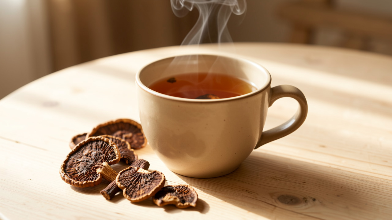 Tasse de tisane ambrée accompagnée de morceaux de reishi et d’hericium séchés sur une table en bois clair, dans une ambiance douce et naturelle.